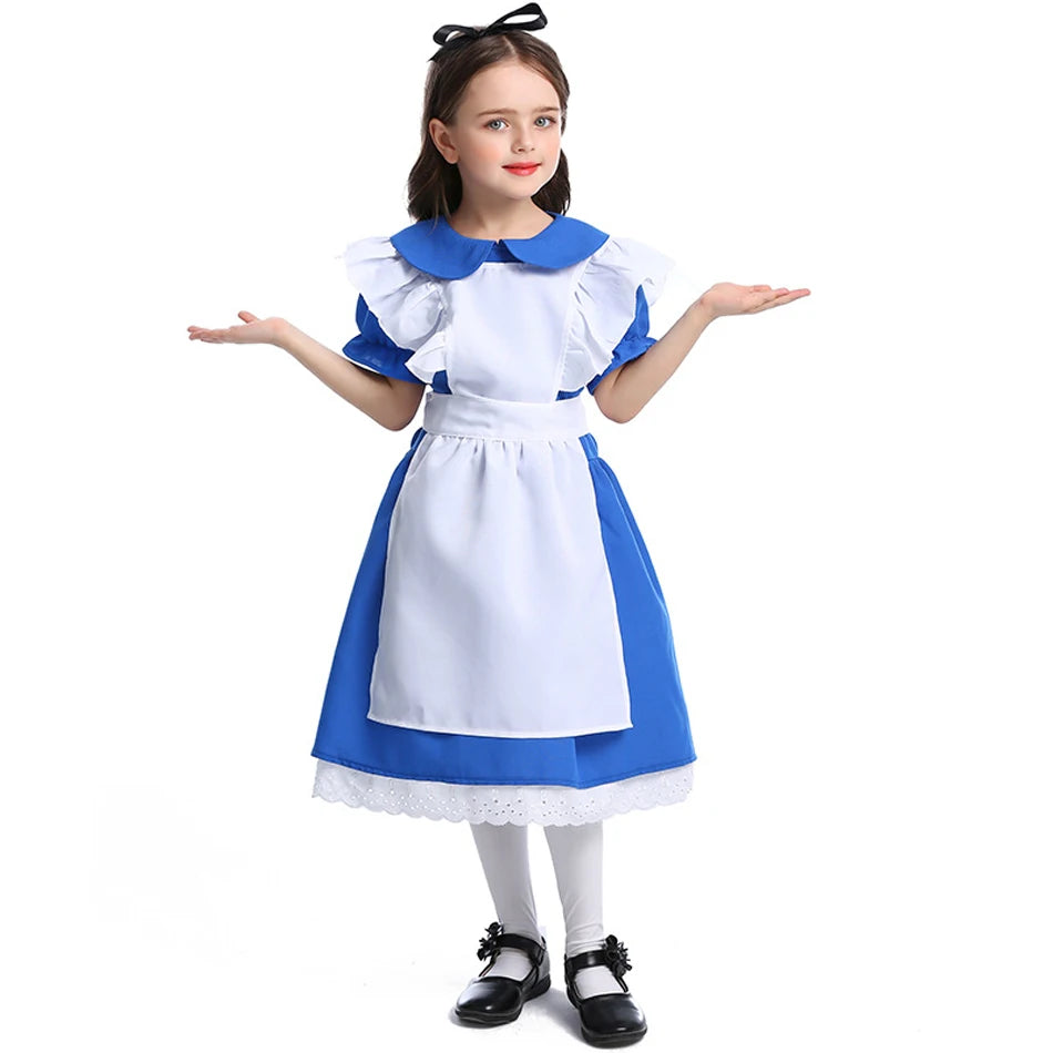Alice in Wonderland Princess Dress for Girls — Blue Cosplay Costume with Apron, Puff Sleeves