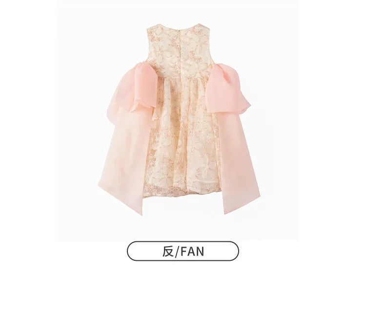 Girls' Sleeveless Lace Princess Dress — Elegant Patchwork Design with Bow Detail
