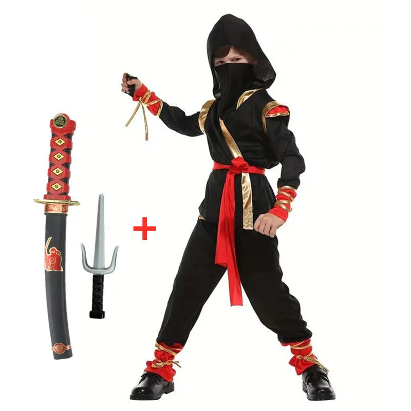 Kids Ninja Costume — Black & Red Samurai Assassin Outfit with Mask, Belt & Toy Weapons for Halloween