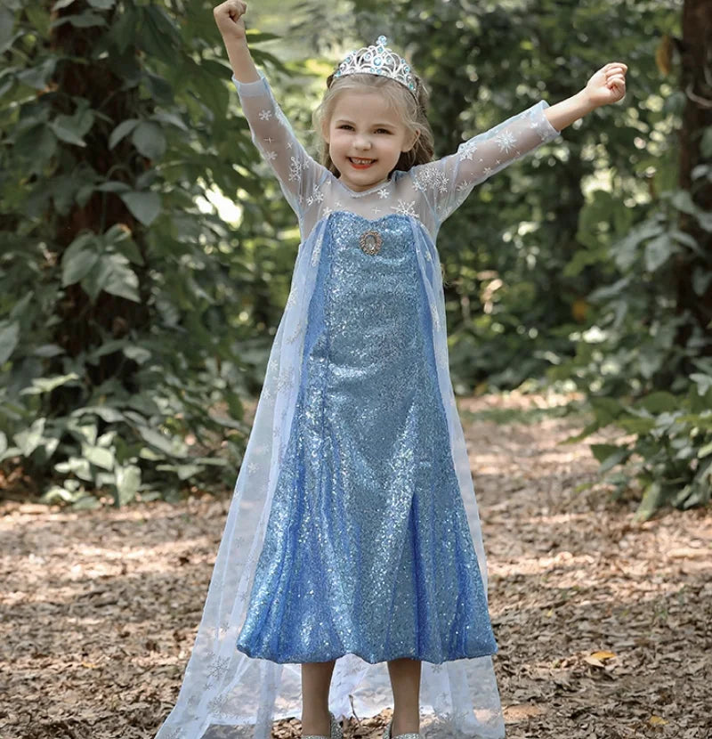 Elsa Princess Dress for Girls — Frozen Blue Sequin Gown with Cape