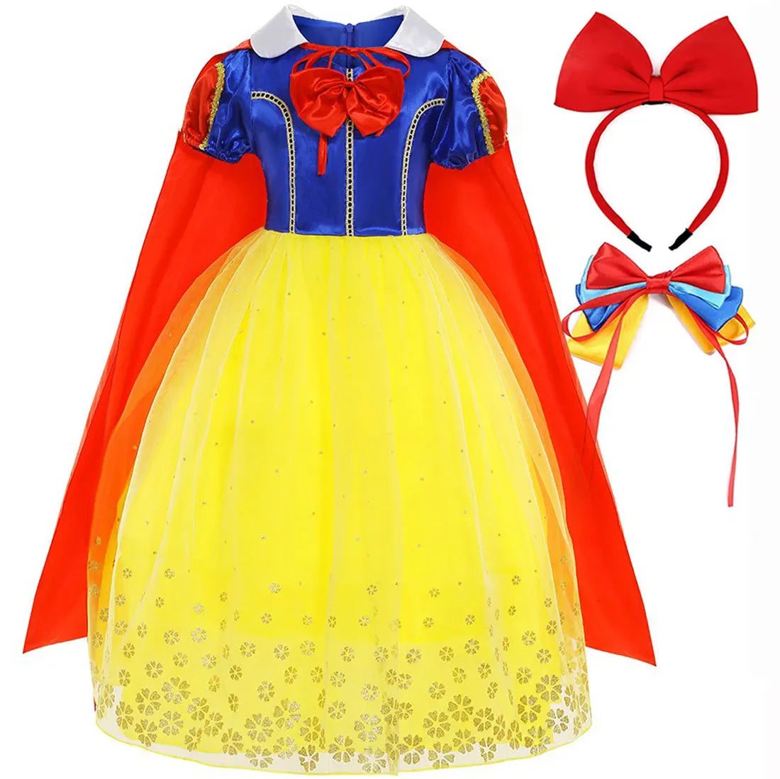 Snow White Princess Dress for Girls — Yellow Ball Gown, Blue & Red Cape, Cosplay Costume