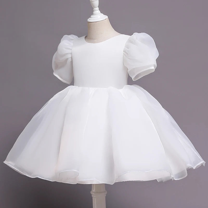 Girls Princess Dress with Puffed Sleeves — A-Line Tulle Birthday Party Outfit