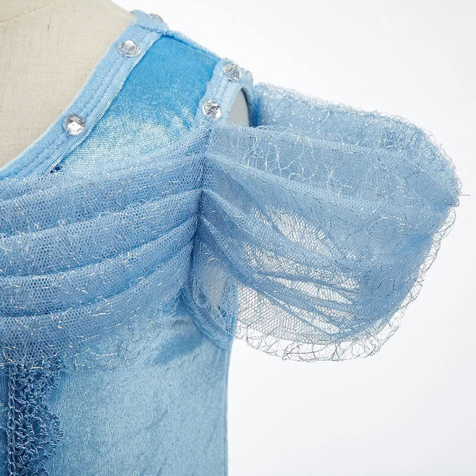 Encanto & Cinderella-Inspired Blue Princess Dress for Girls — Tulle, Embroidery, Sequins, Party-Ready