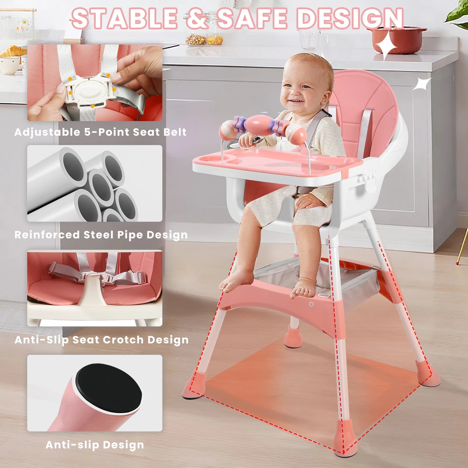 PetitWishes  Baby High Chair, Portable Baby Dining Chairs Eat & Play Convertible High Chair with Double-Layer Dinner Plate and Toy Rack