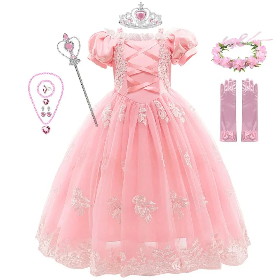 Aurora & Rapunzel Princess Dress for Girls — Puff Sleeve, Tulle, Mid-Calf Cosplay Gown