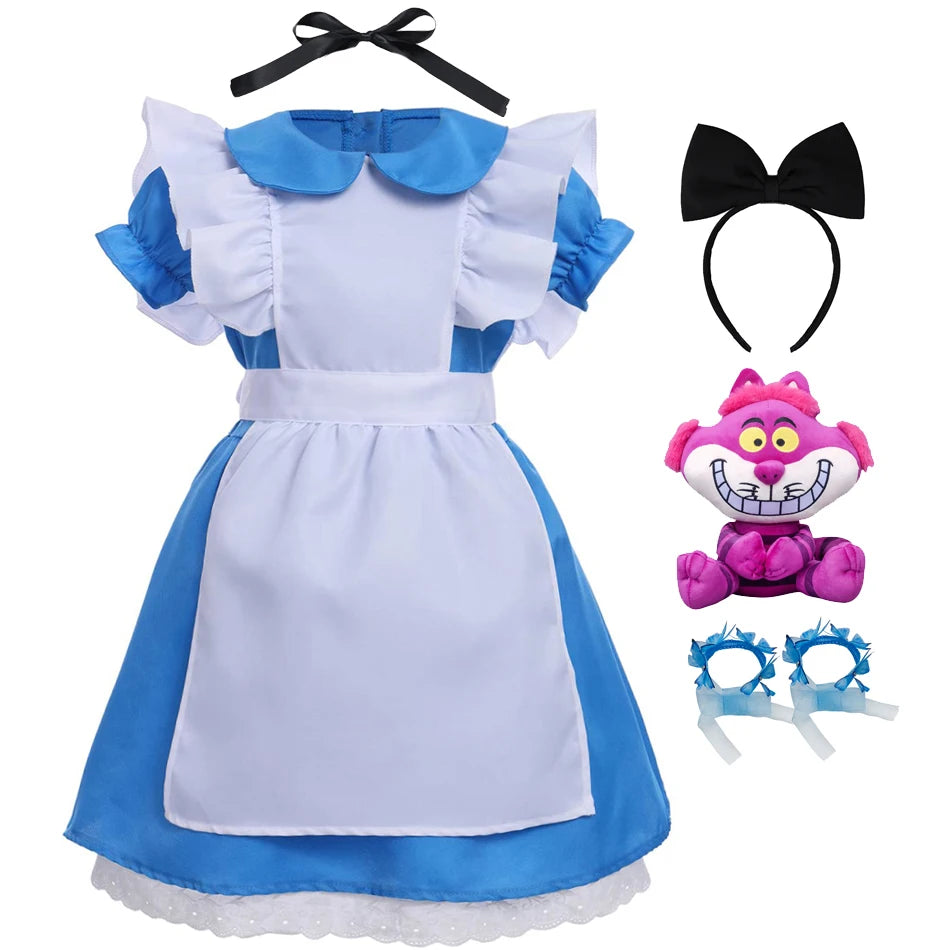 Alice in Wonderland Princess Dress for Girls — Blue Cosplay Costume with Apron, Puff Sleeves
