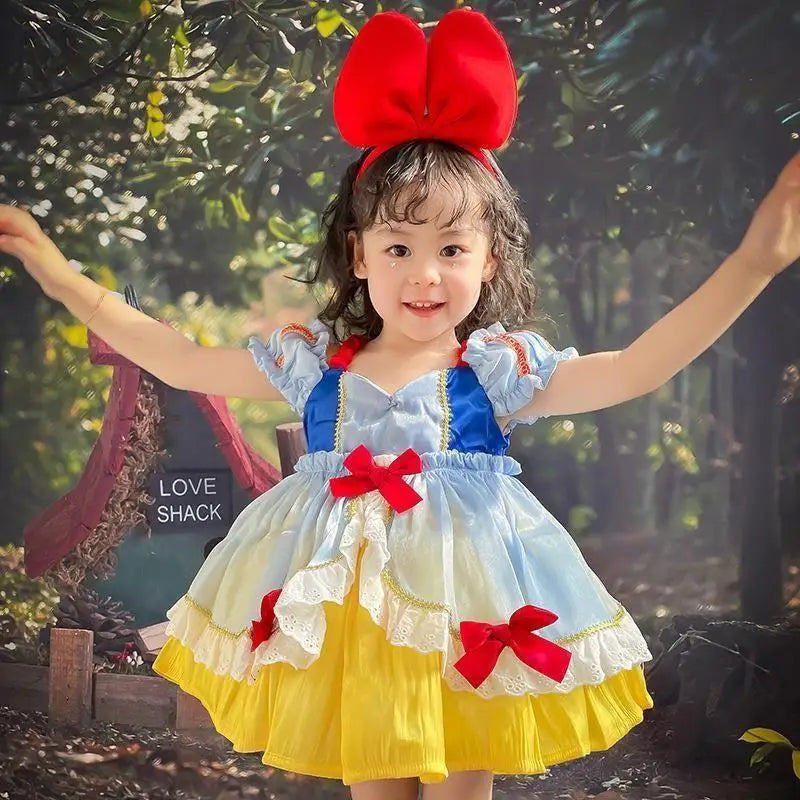 Snow White Princess Dress for Girls — Puffy Ball Gown with Bow & Short Sleeves