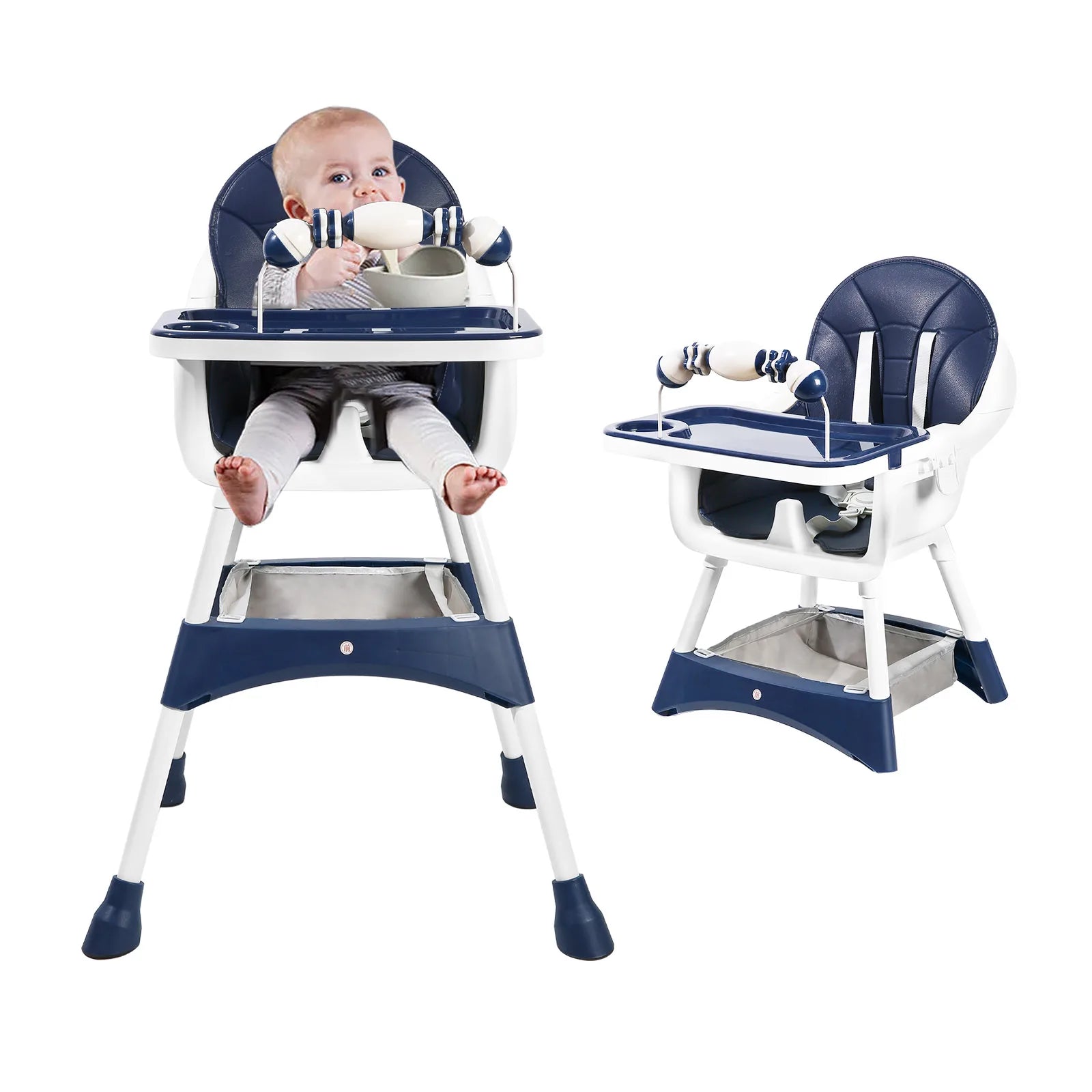 PetitWishes  Baby High Chair, Portable Baby Dining Chairs Eat & Play Convertible High Chair with Double-Layer Dinner Plate and Toy Rack