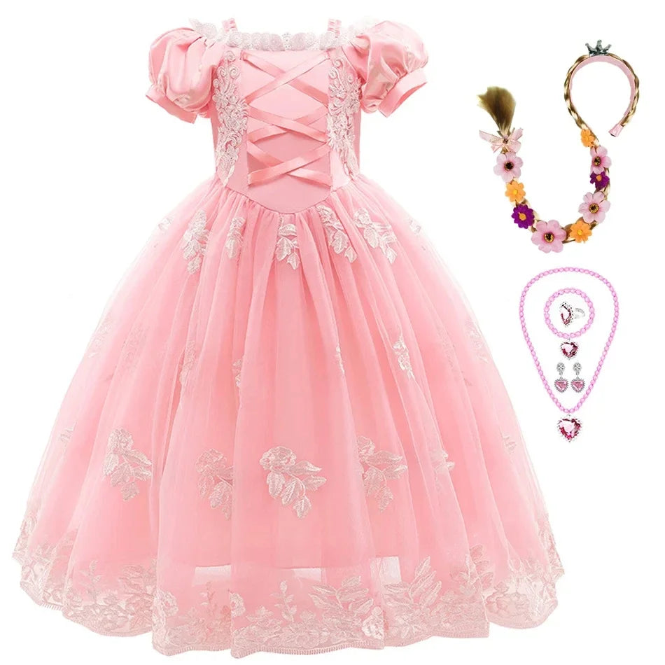 Aurora & Rapunzel Princess Dress for Girls — Puff Sleeve, Tulle, Mid-Calf Cosplay Gown