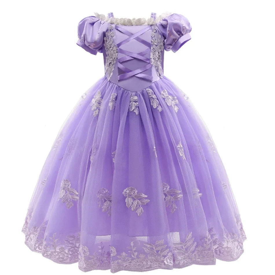Aurora & Rapunzel Princess Dress for Girls — Puff Sleeve, Tulle, Mid-Calf Cosplay Gown
