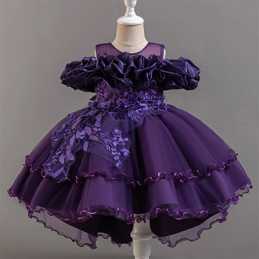 Flower Girl Party Dress for Girls — Tulle Princess Gown, Sleeveless, Elegant Floral Design