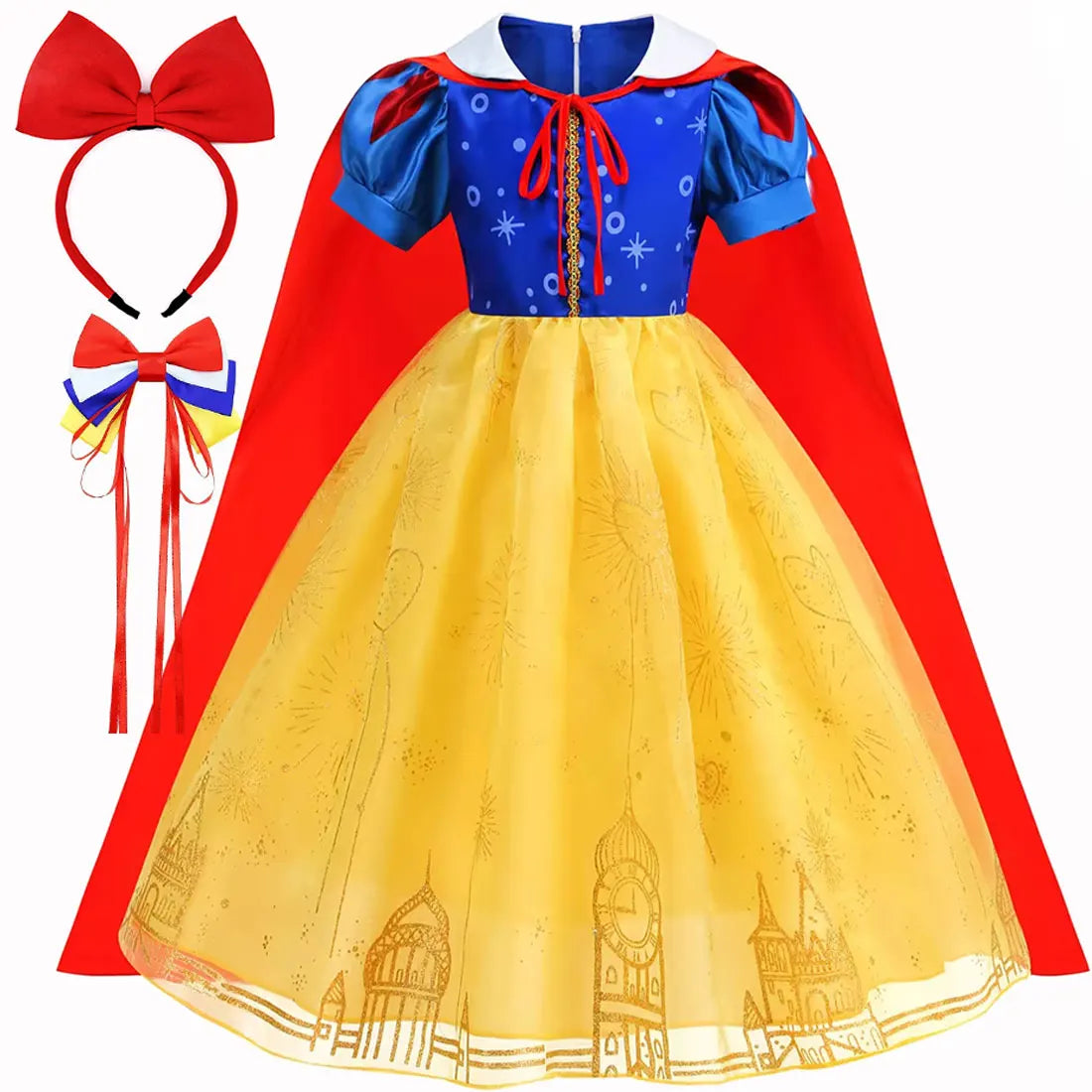 Snow White Princess Dress for Girls — Yellow Ball Gown, Blue & Red Cape, Cosplay Costume