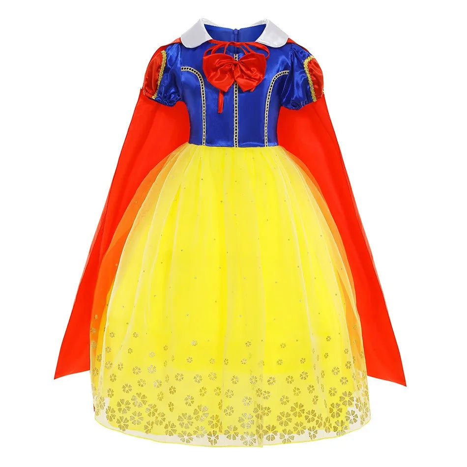 Snow White Princess Dress for Girls — Yellow Ball Gown, Blue & Red Cape, Cosplay Costume