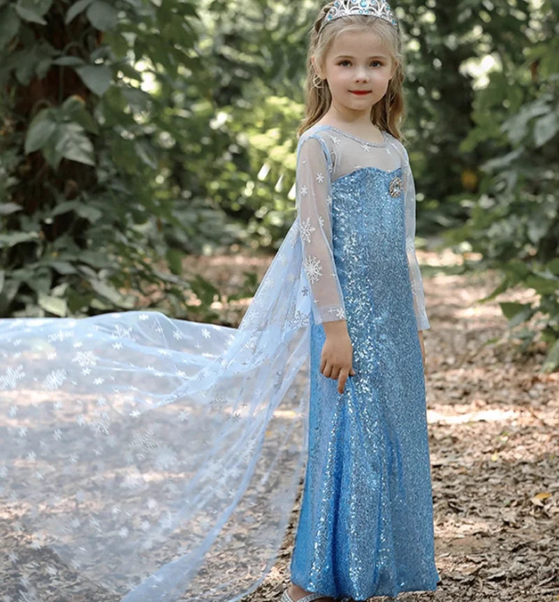 Elsa Princess Dress for Girls — Frozen Blue Sequin Gown with Cape