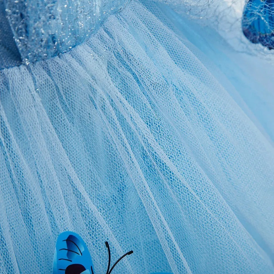Encanto & Cinderella-Inspired Blue Princess Dress for Girls — Tulle, Embroidery, Sequins, Party-Ready