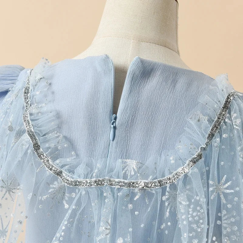 Blue Princess Dress for Girls — Short Sleeve, Pleated Tulle, Ankle-Length