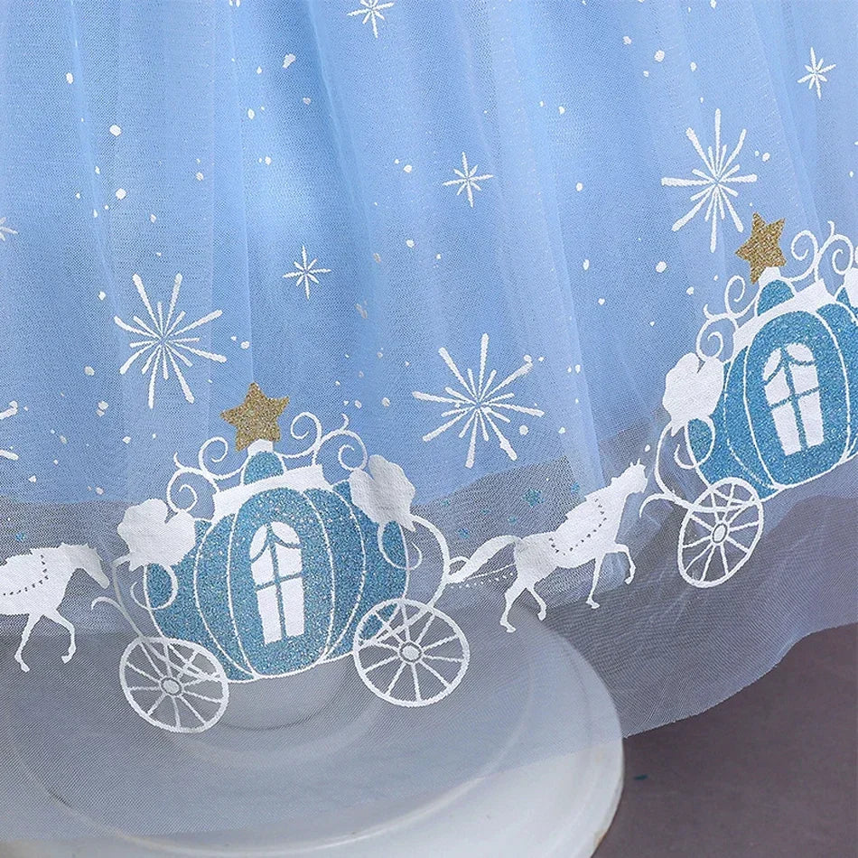 Cinderella Princess Dress for Girls — Blue Ball Gown with Puff Sleeves & Sequin Details