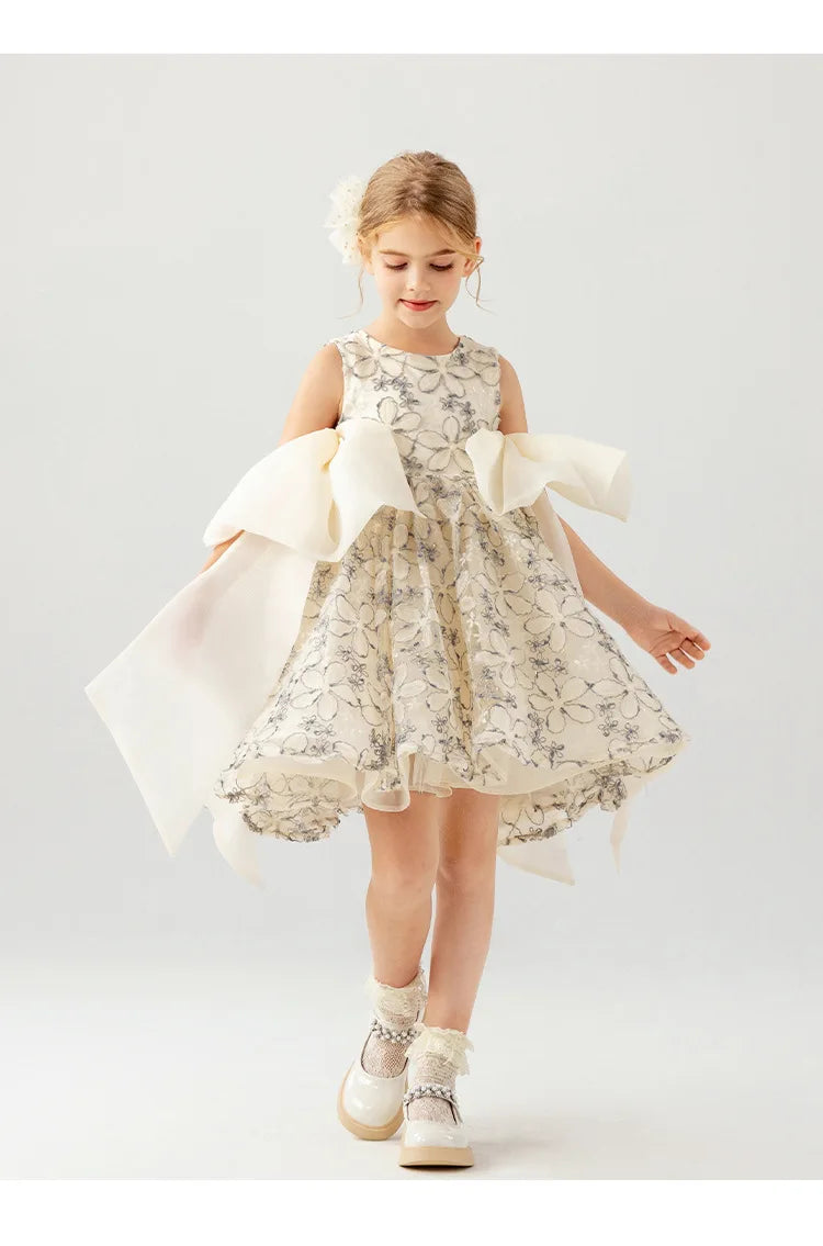 Girls' Sleeveless Lace Princess Dress — Elegant Patchwork Design with Bow Detail