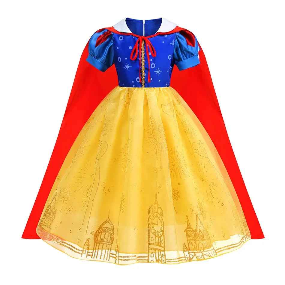 Snow White Princess Dress for Girls — Yellow Ball Gown, Blue & Red Cape, Cosplay Costume