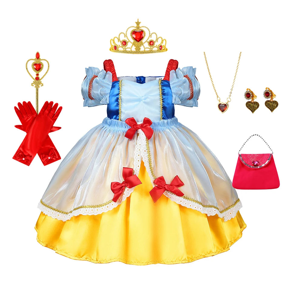 Snow White Princess Dress for Girls — Puffy Ball Gown with Bow & Short Sleeves
