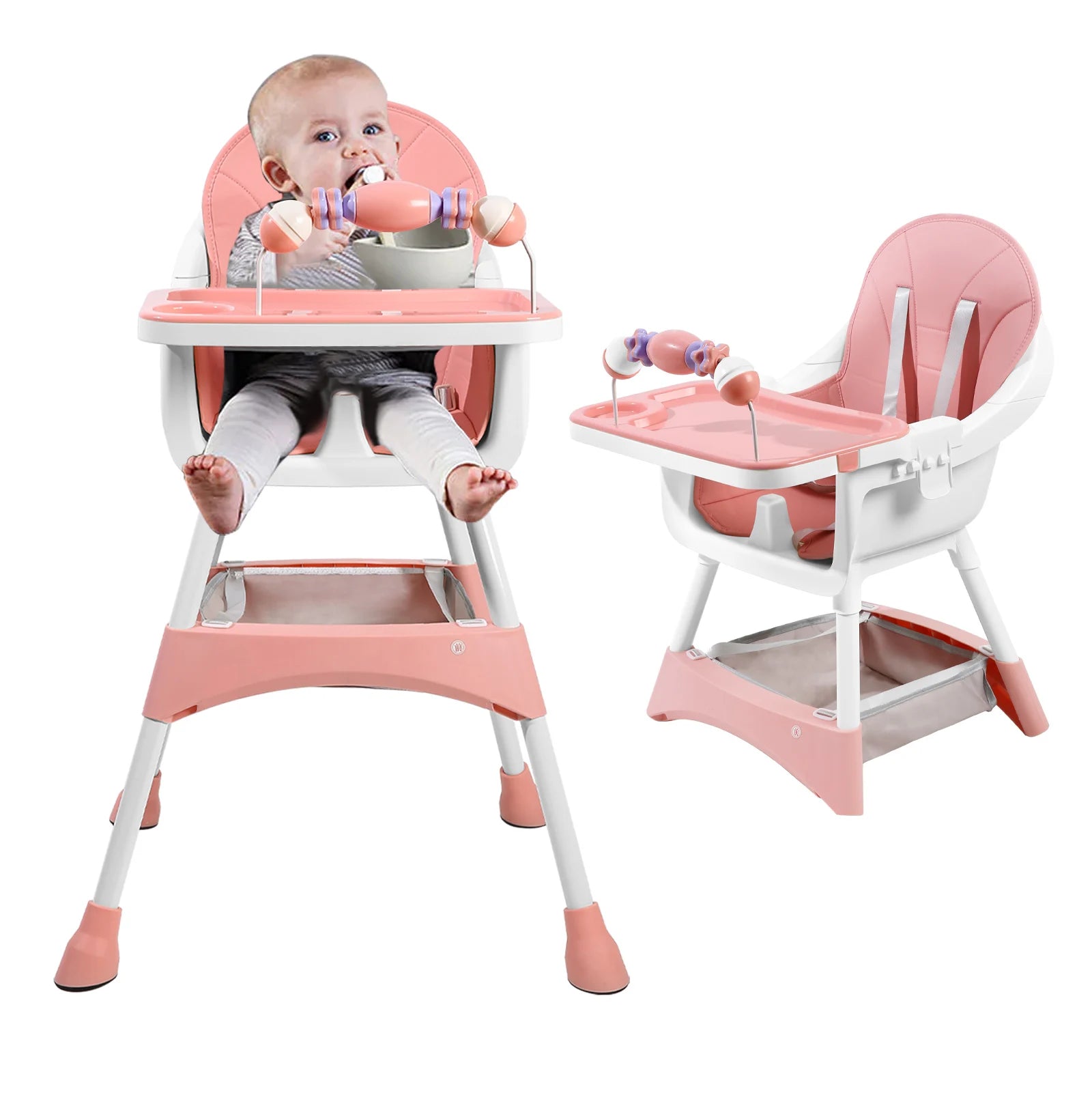 PetitWishes  Baby High Chair, Portable Baby Dining Chairs Eat & Play Convertible High Chair with Double-Layer Dinner Plate and Toy Rack