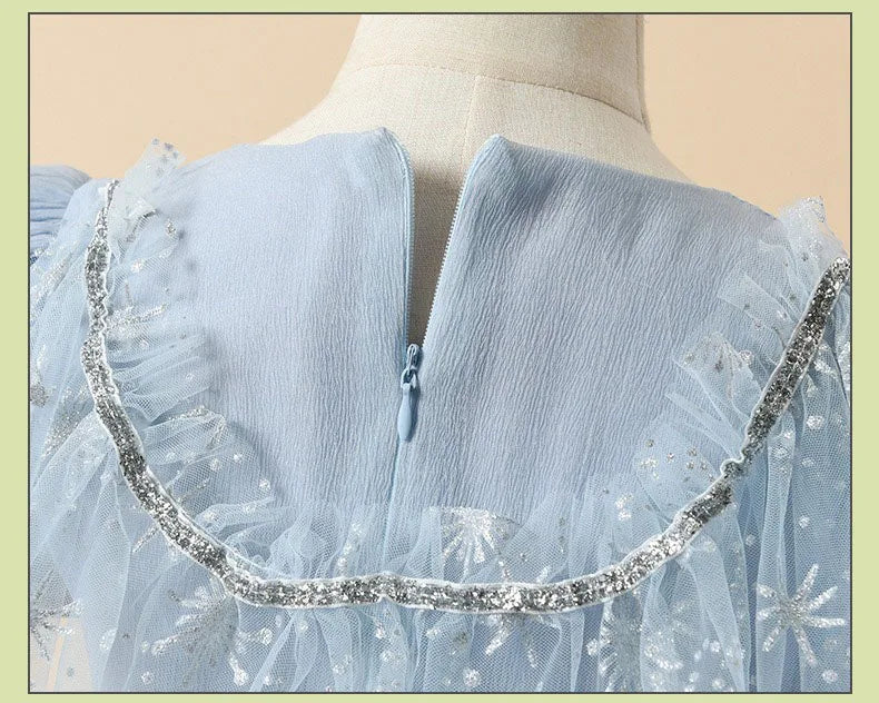 Blue Princess Dress for Girls — Short Sleeve, Pleated Tulle, Ankle-Length