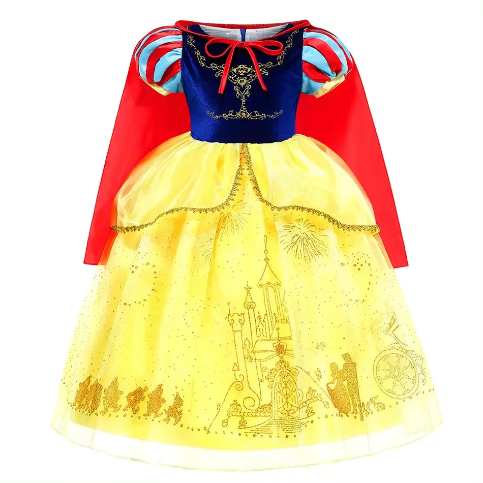 Snow White Princess Dress for Girls — Yellow Ball Gown, Blue & Red Cape, Cosplay Costume