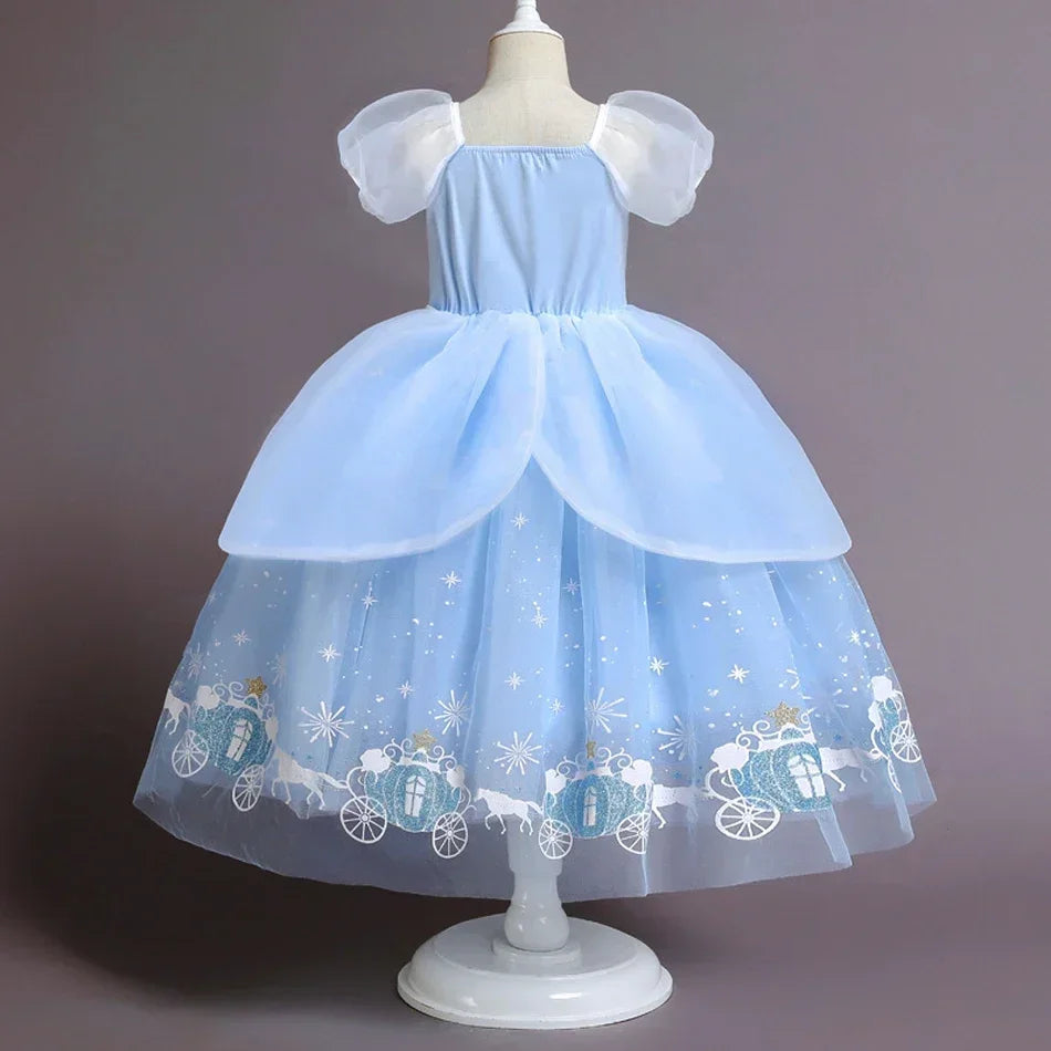 Cinderella Princess Dress for Girls — Blue Ball Gown with Puff Sleeves & Sequin Details