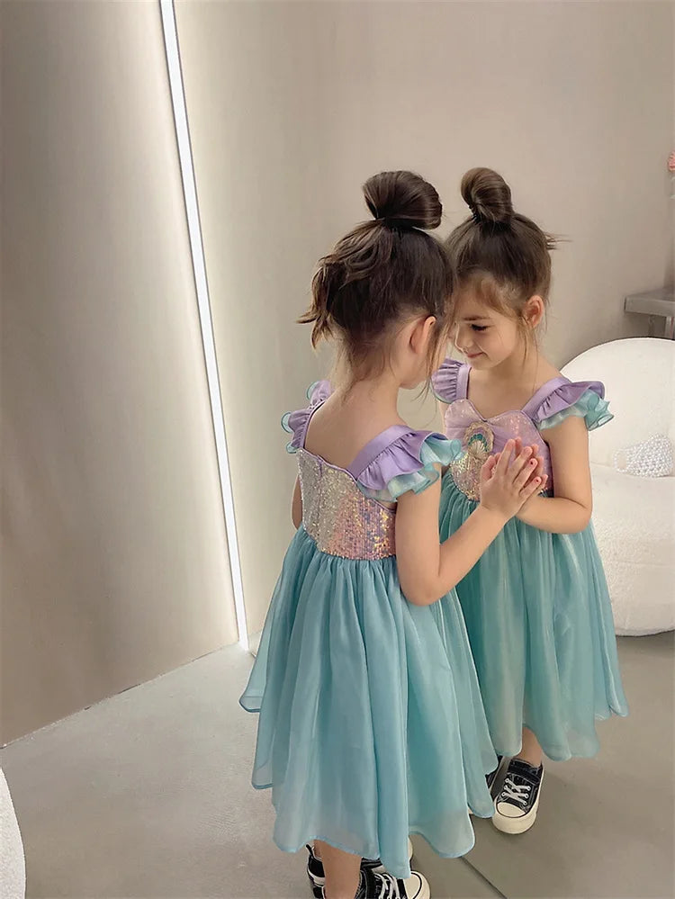 Little Mermaid Ariel Princess Dress for Girls — Sequin Bodice, Puffy Tulle Skirt, Cosplay & Party Costume