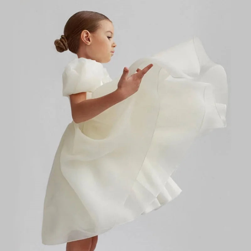 Girls Princess Dress with Puffed Sleeves — A-Line Tulle Birthday Party Outfit