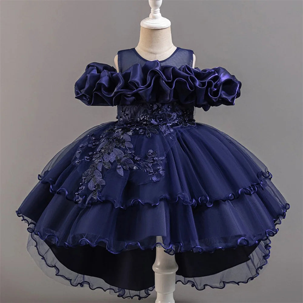 Flower Girl Party Dress for Girls — Tulle Princess Gown, Sleeveless, Elegant Floral Design