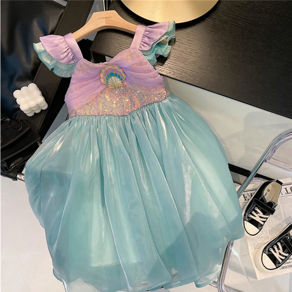 Little Mermaid Ariel Princess Dress for Girls — Sequin Bodice, Puffy Tulle Skirt, Cosplay & Party Costume