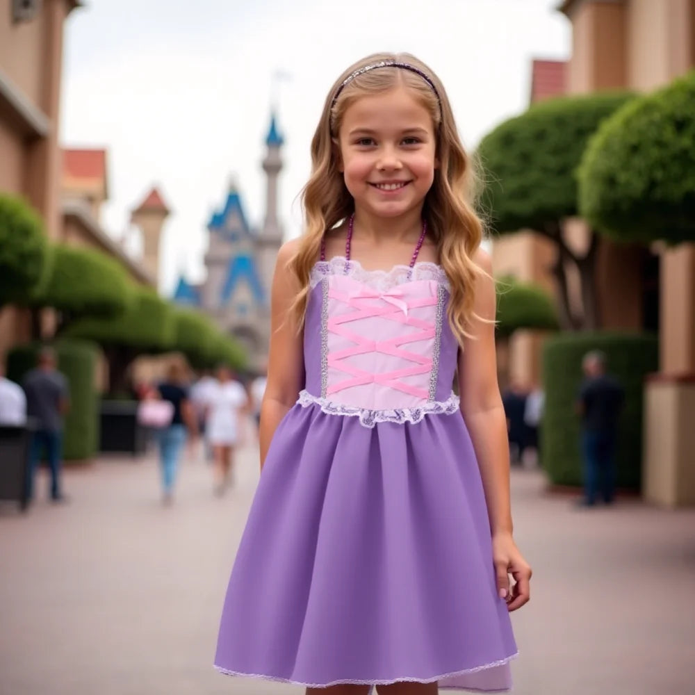 Girls Rapunzel Princess Dress — Purple A-Line, Lace-Up Bodice, Sleeveless Summer Style