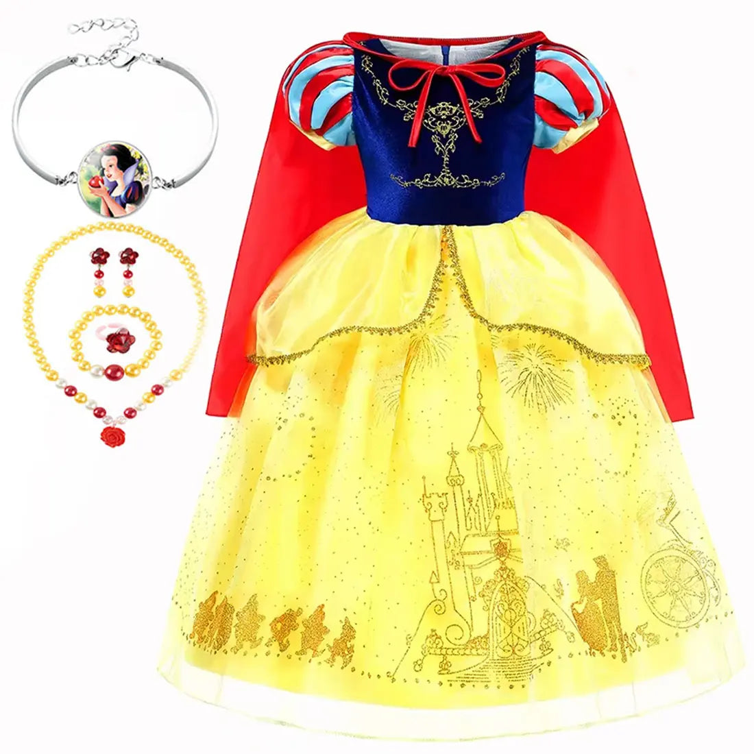 Snow White Princess Dress for Girls — Yellow Ball Gown, Blue & Red Cape, Cosplay Costume