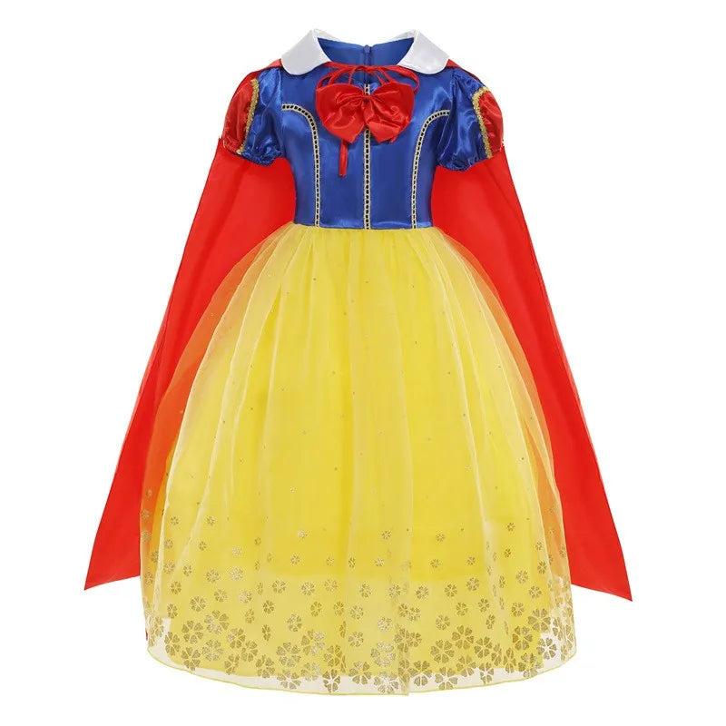 Snow White Princess Dress for Girls — Yellow Ball Gown, Blue & Red Cape, Cosplay Costume