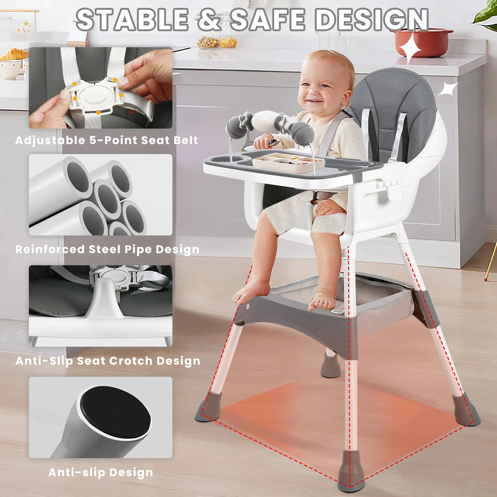 PetitWishes  Baby High Chair, Portable Baby Dining Chairs Eat & Play Convertible High Chair with Double-Layer Dinner Plate and Toy Rack