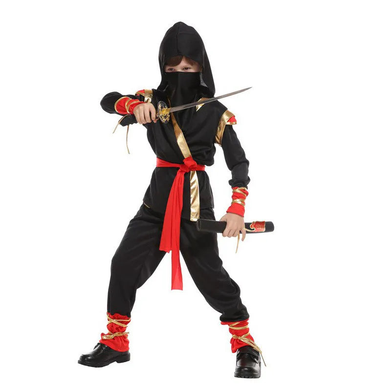 Kids Ninja Costume — Black & Red Samurai Assassin Outfit with Mask, Belt & Toy Weapons for Halloween