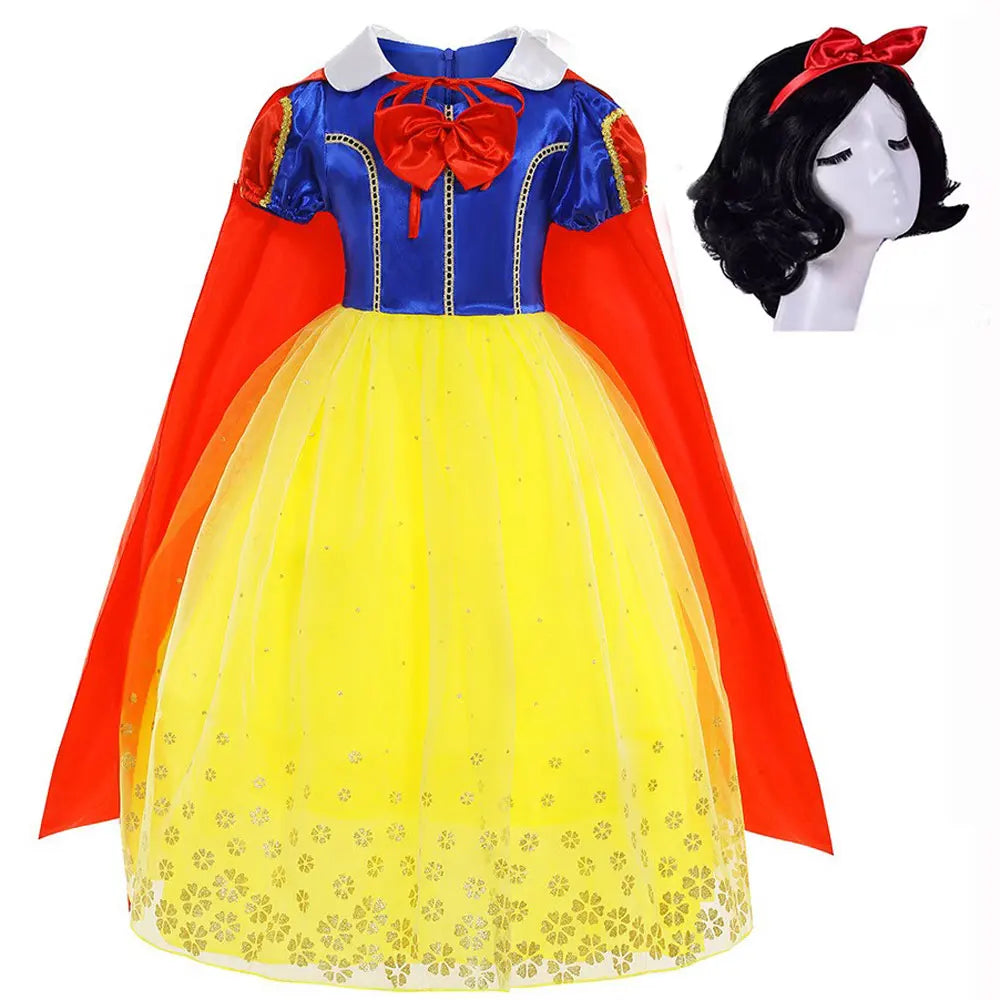 Snow White Princess Dress for Girls — Yellow Ball Gown, Blue & Red Cape, Cosplay Costume