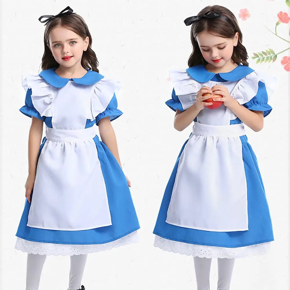 Alice in Wonderland Princess Dress for Girls — Blue Cosplay Costume with Apron, Puff Sleeves