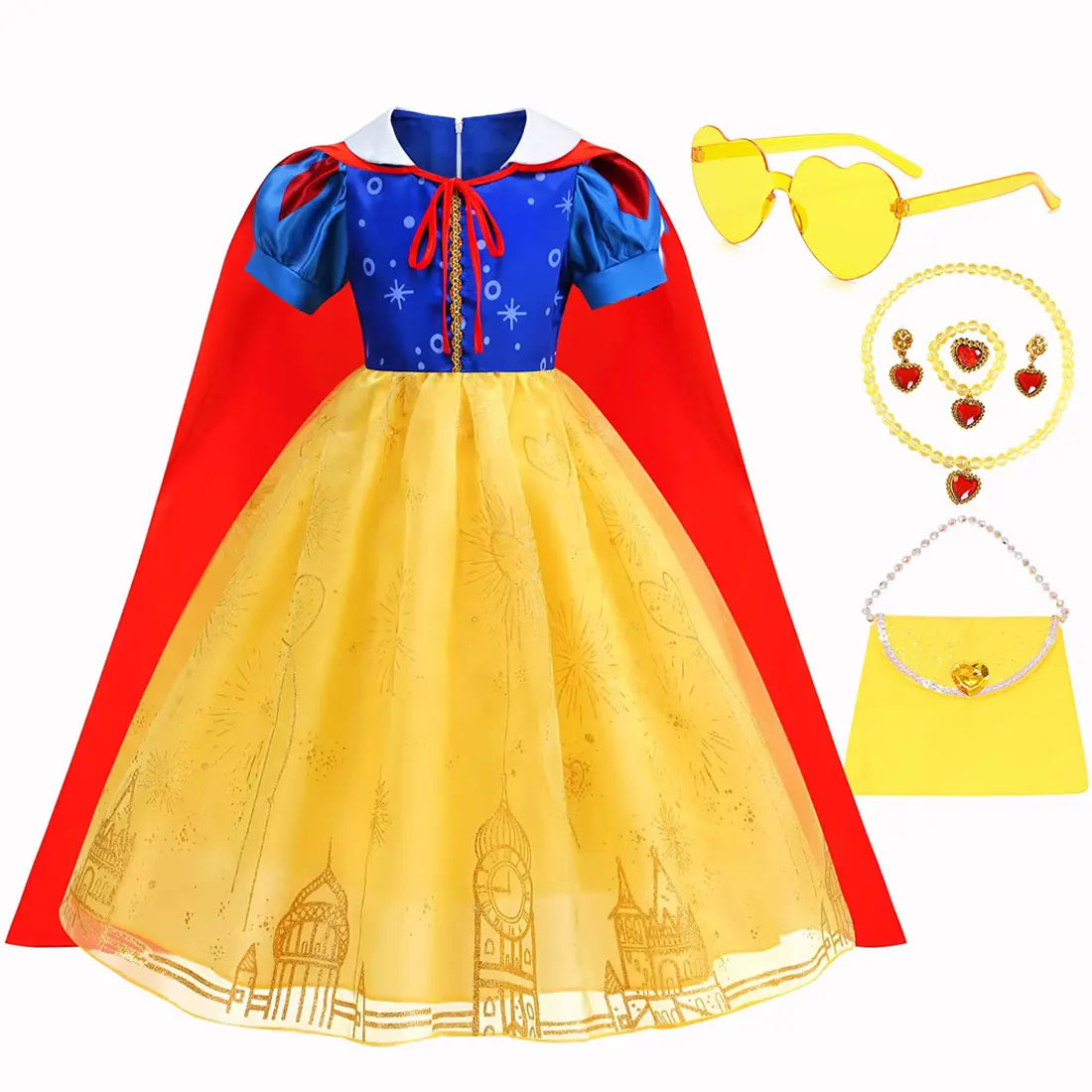 Snow White Princess Dress for Girls — Yellow Ball Gown, Blue & Red Cape, Cosplay Costume
