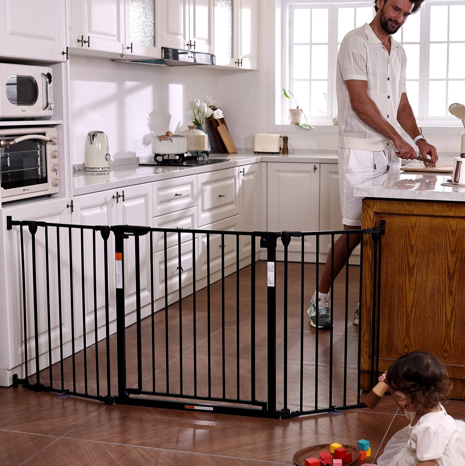 AdaptiZone | Extra Wide Baby Gate, 30" Tall Auto - Close Pet & Child Safety Gate for Stairs - babeliobaby - White - 72" Wide Gate - 3 Panels
