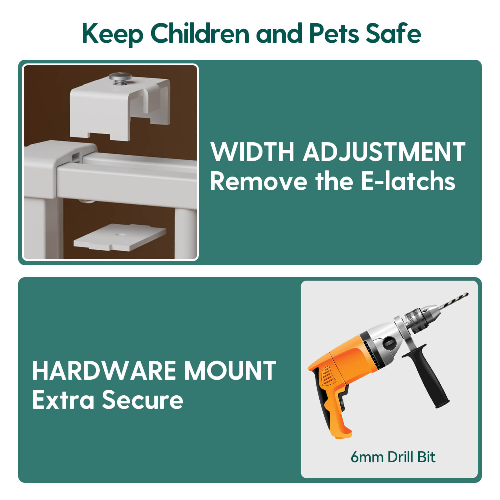 Adjustable baby gate showing width adjustment by removing E-latches and secure hardware mount installation with drill, Babelio Boundless B17