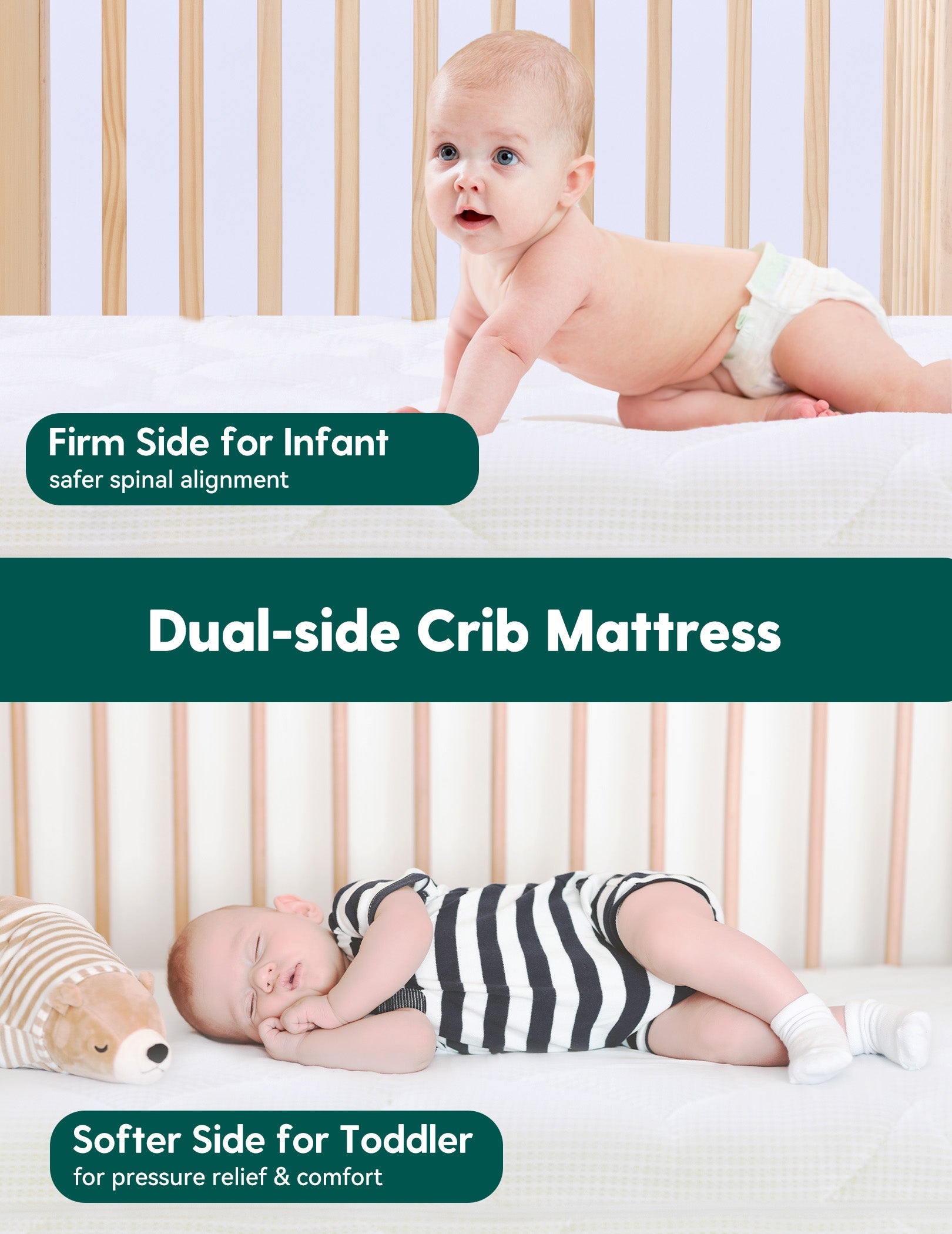 Babelio dual-side crib mattress in nursery with infants, soft and firm sides shown