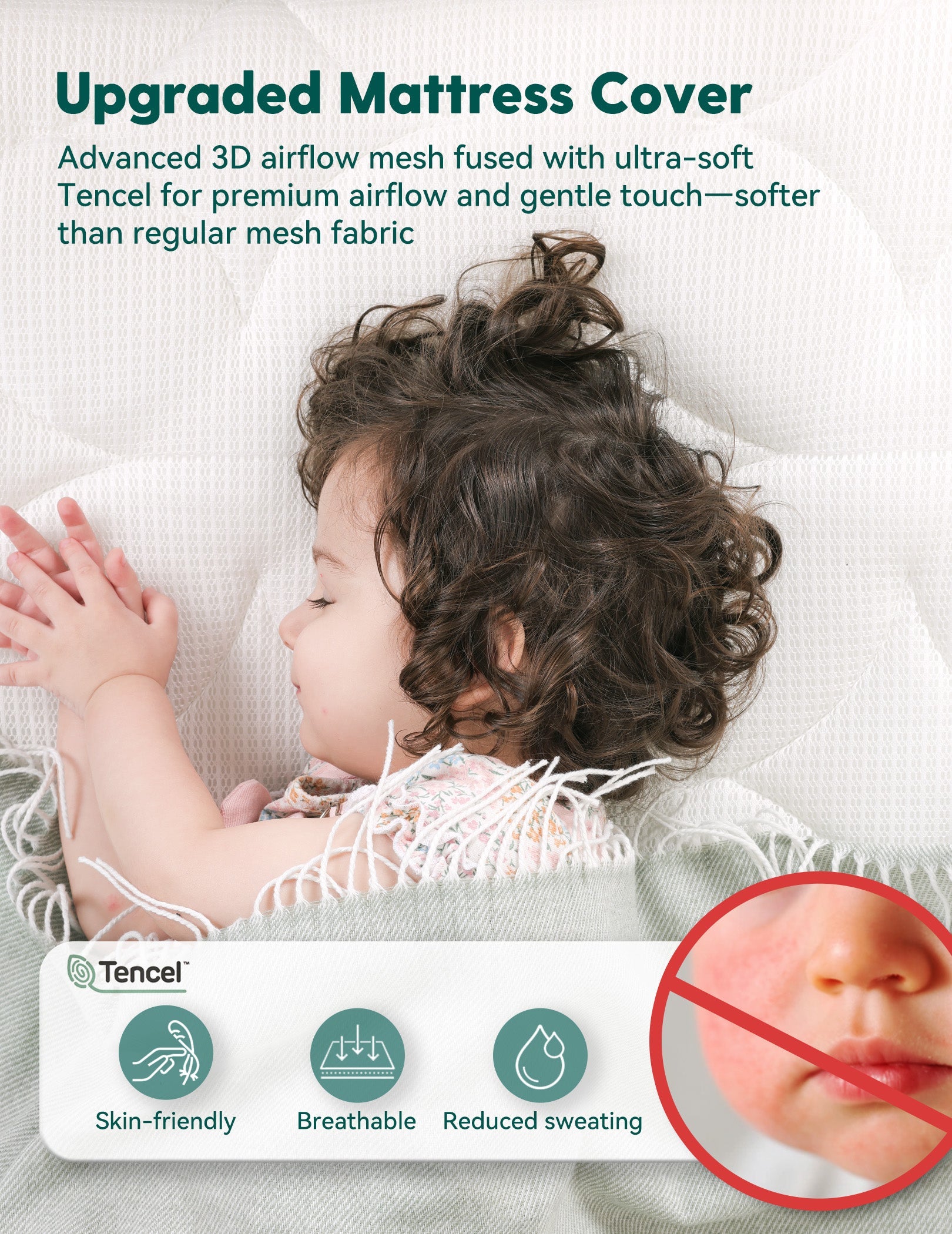 Babelio crib mattress in a nursery with a baby sleeping, showcasing breathable, skin-friendly bedding.