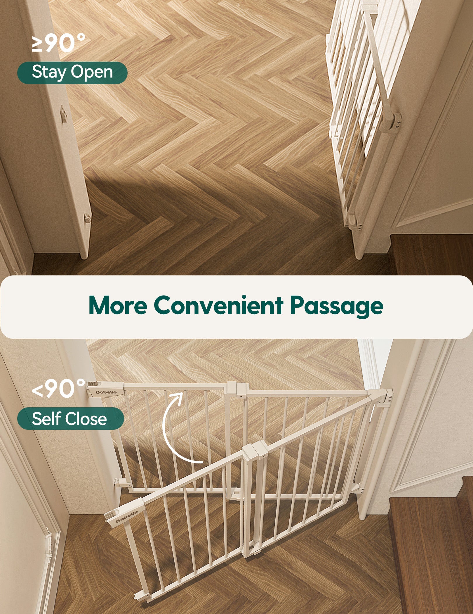 Auto-close baby gate for stairs and doorways with stay-open feature at over 90 degrees and self-closing below 90 degrees, allowing a smoother passage for parents and pets, from the Boundless S12 series by Babelio.
