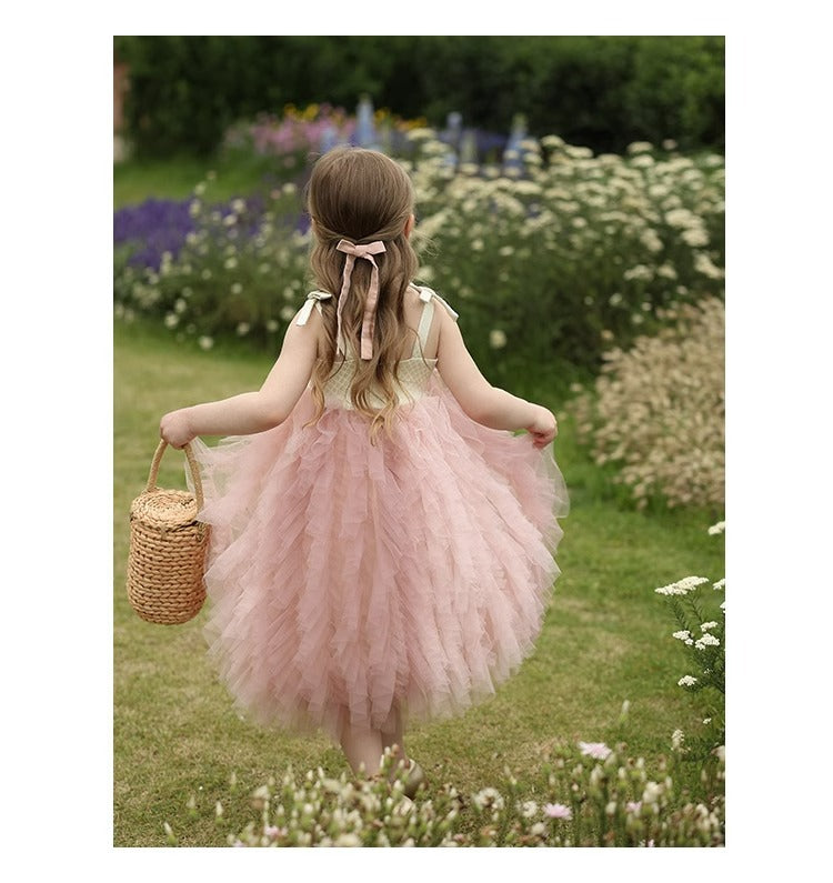 Pink Puffy Gauze Princess Dress — Sleeveless, Layered Tulle, All-Season