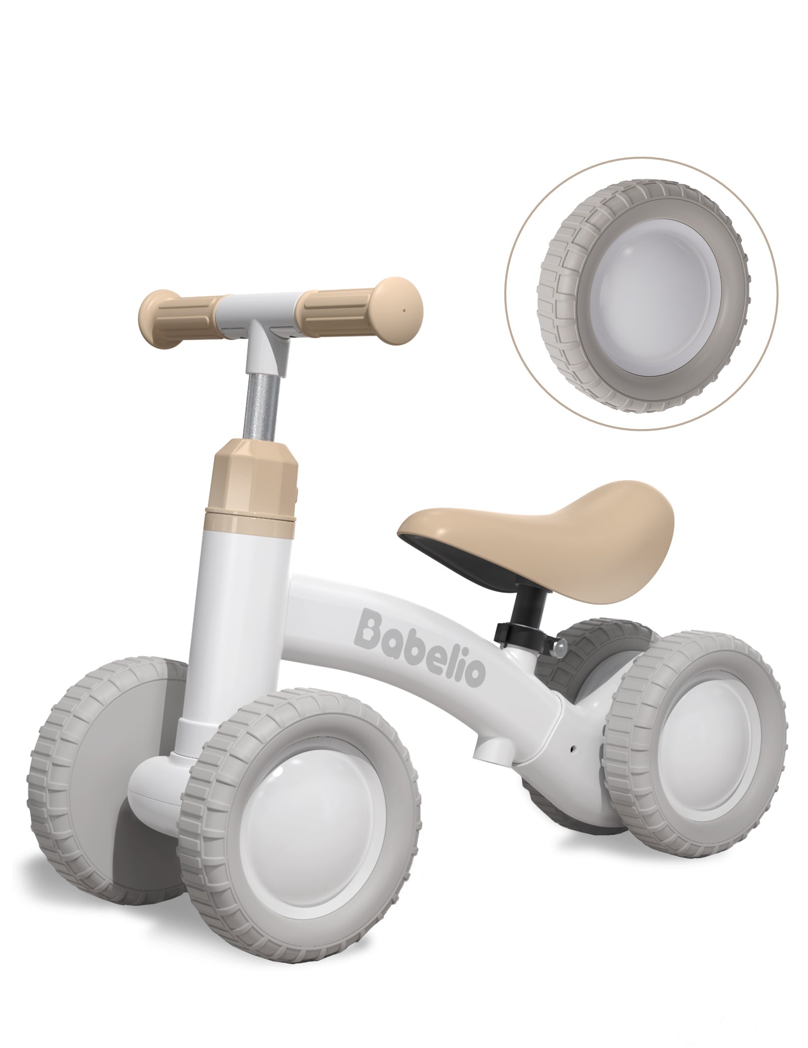 Babelio beige and gray baby balance bike with close-up of tire, shown indoors