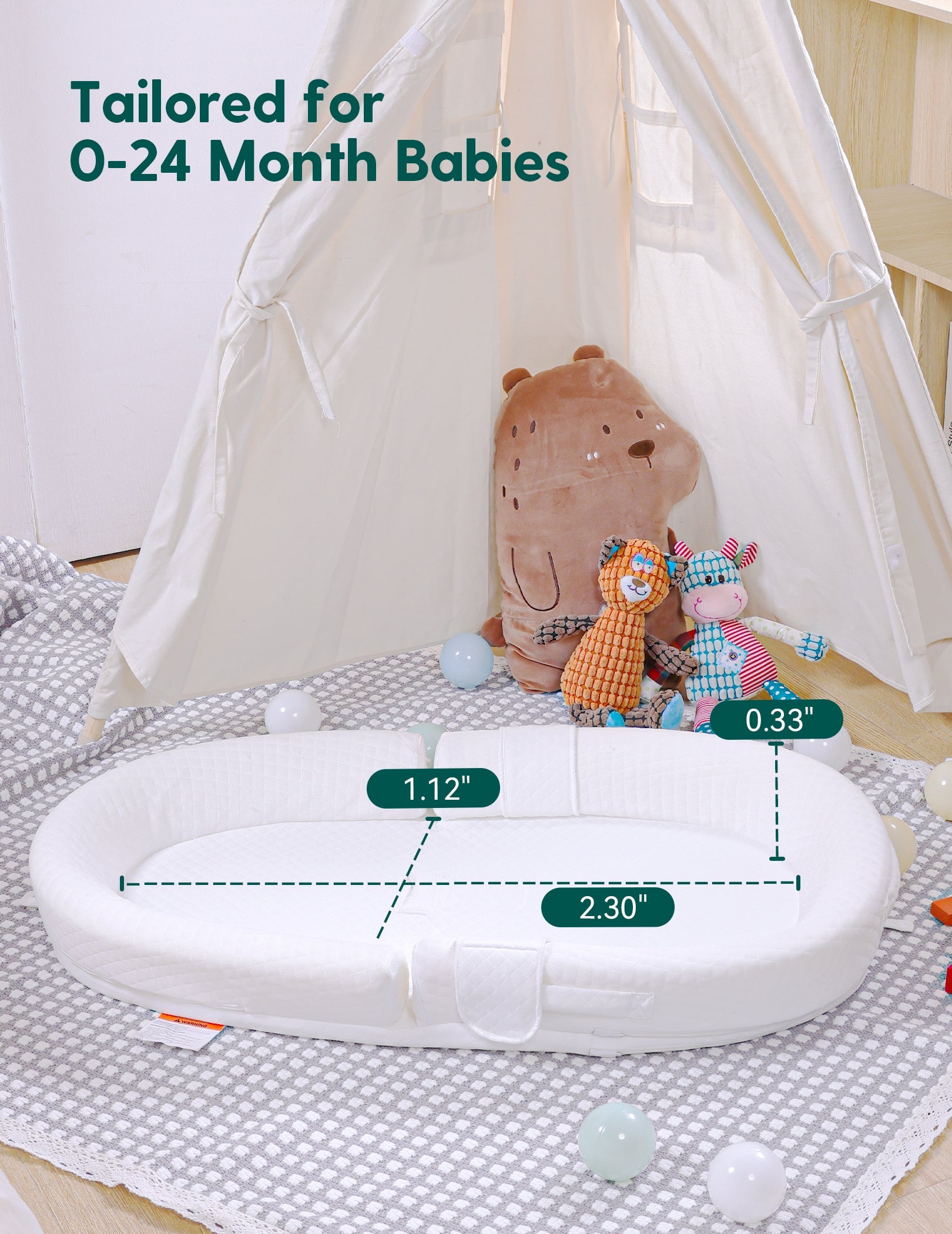 Babelio baby crib mattress in a nursery with plush toys and play tent, designed for newborns
