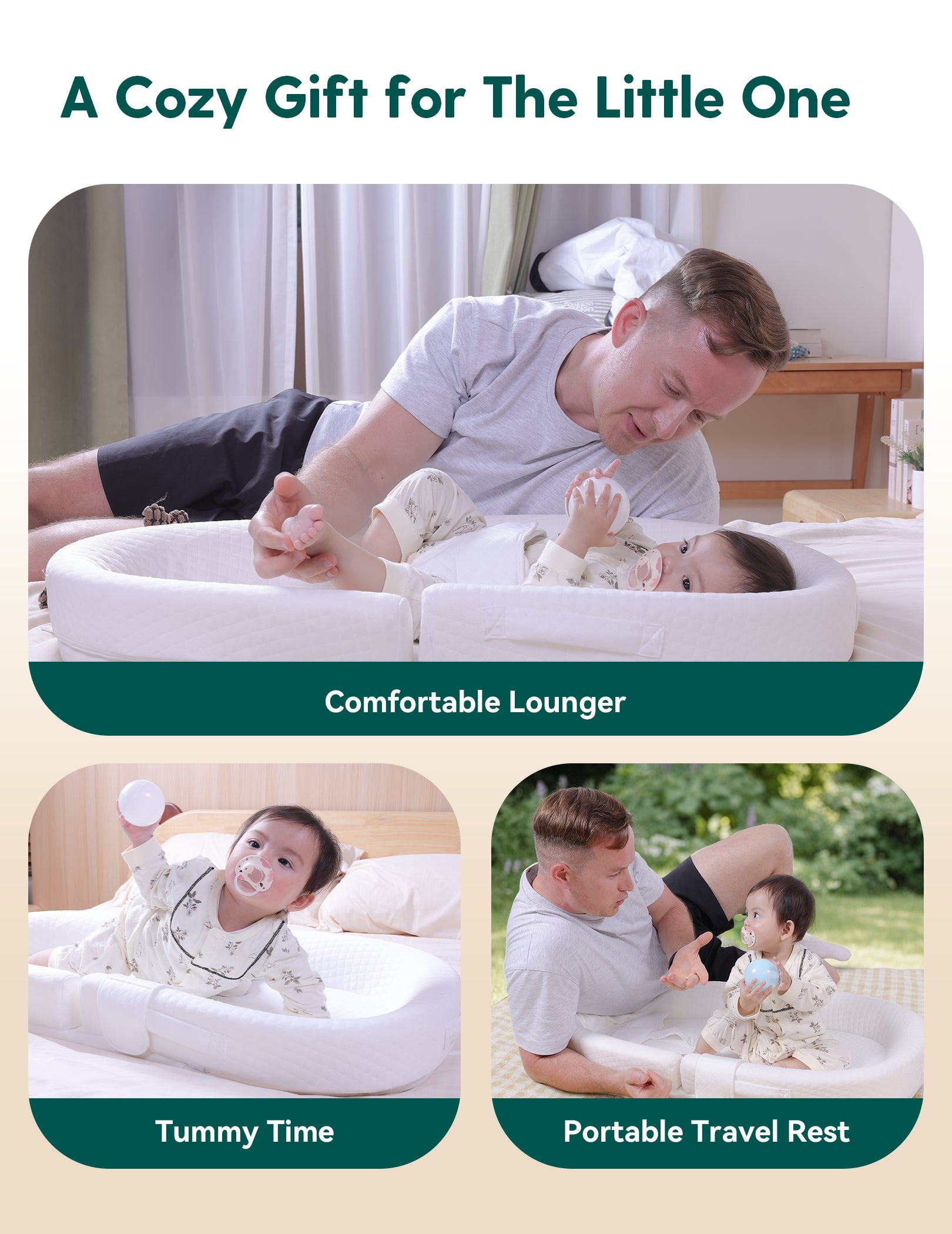 Babelio baby lounger for newborns used in bedroom and outdoors, shown with baby and parent.