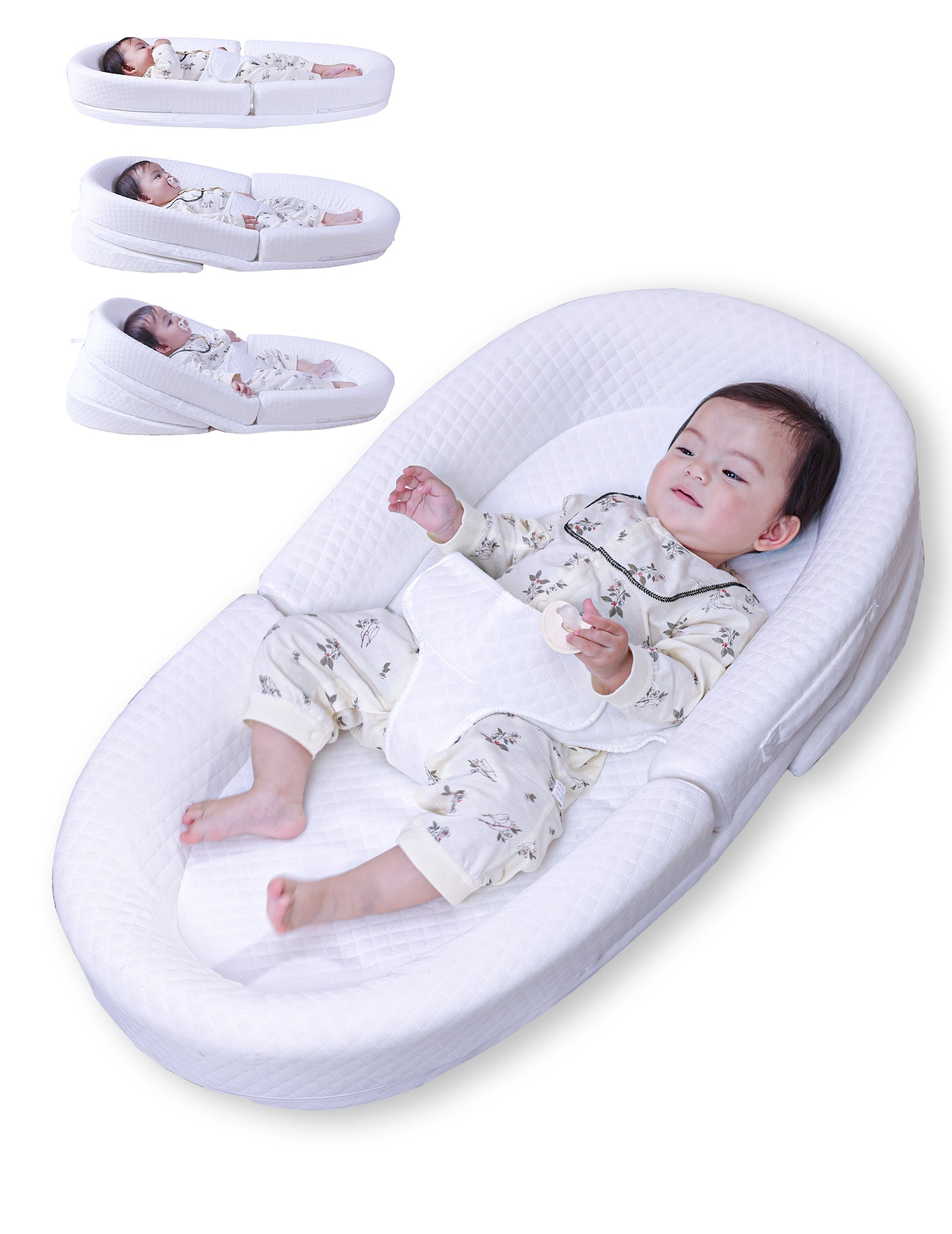 Babelio adjustable baby lounger for newborns, white, shown with infant in nursery setting